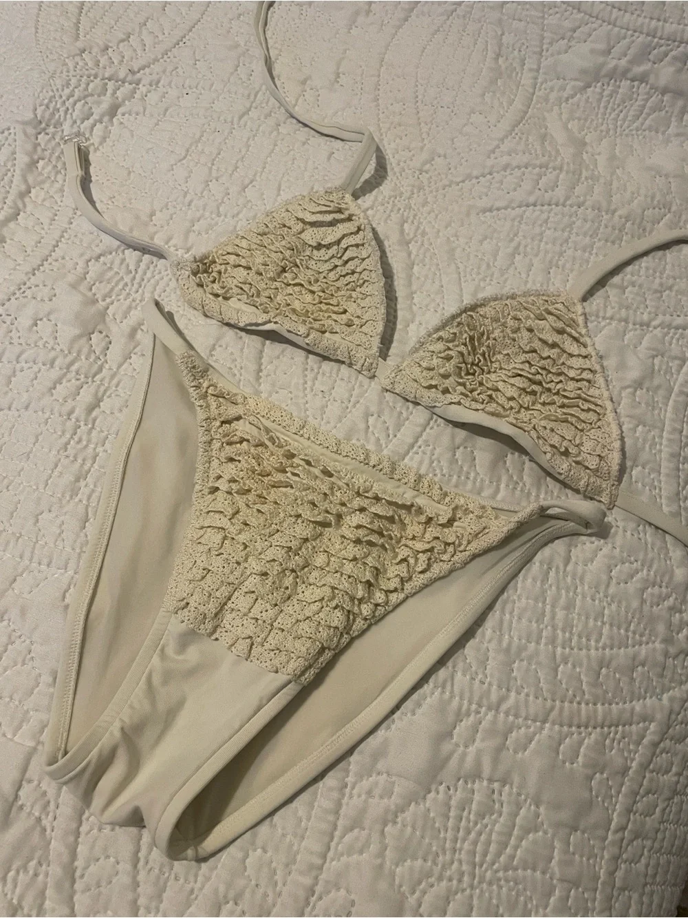 Domani Italian Cream, Ruffled Crochet Bikini Set